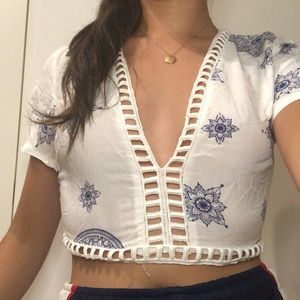 White Crop Top with Blue Flourishes